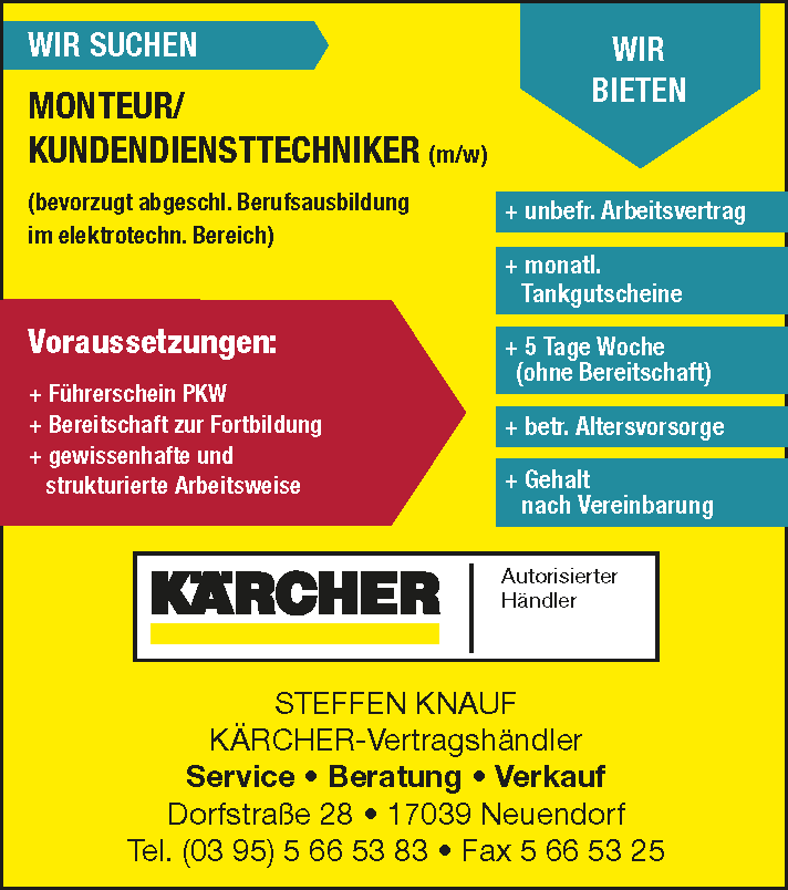 MONTEUR/KUNDENDIENSTTECHNIKER (m/w)